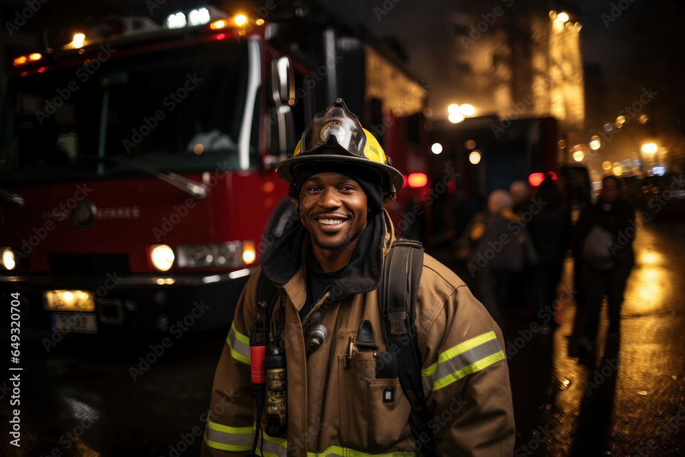 Experienced firefighter in protective helmet and uniform on background of fire truck
