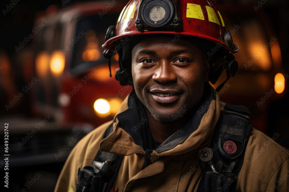 Experienced firefighter in protective helmet and uniform on background of fire truck Experienced firefighter in protective helmet and uniform on background of fire truck