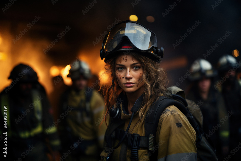 Portrait of Caucasian firefighter against background of burning house Portrait of Caucasian firefighter against background of burning house