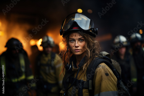 Portrait of Caucasian firefighter against background of burning house
