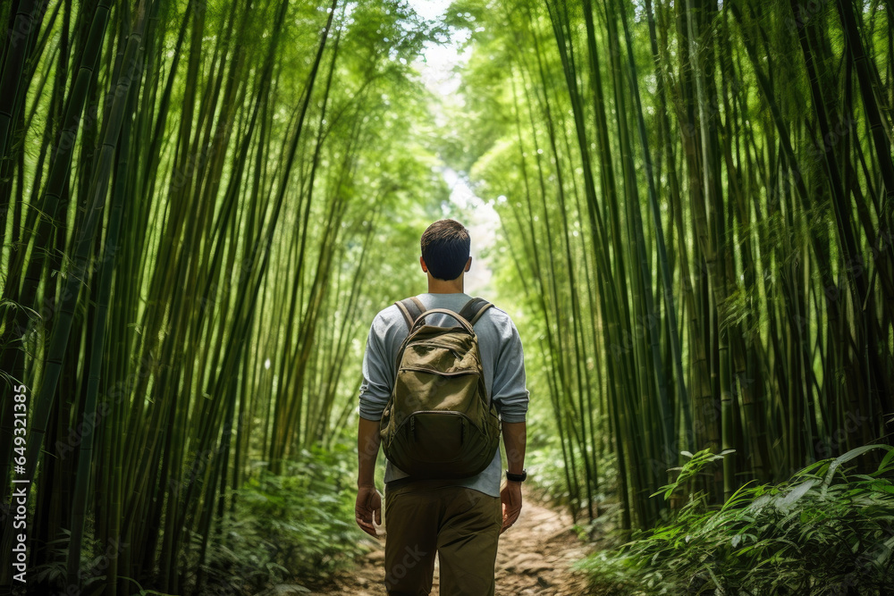 Adventurous Man Roaming Bamboo Forest