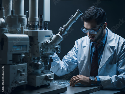 Scientist in a lab coat using a microscope to explore the intricate details of a sample at a cellular level. Generative AI