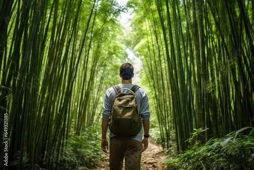 Adventurous Man Roaming Bamboo Forest
