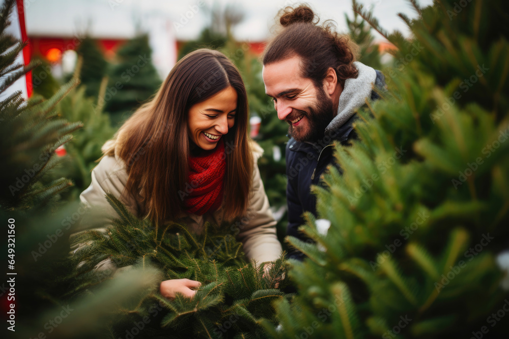 Fototapeta premium Festive Holiday Shopping: Young Couple with Christmas Tree
