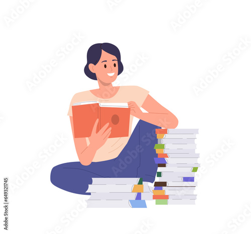 Young smart student female cartoon character reading sitting at book sack isolated on white