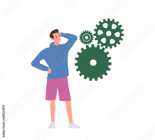 Thoughtful young man brainstorming looking at cogwheels gear mechanism thinking about trouble