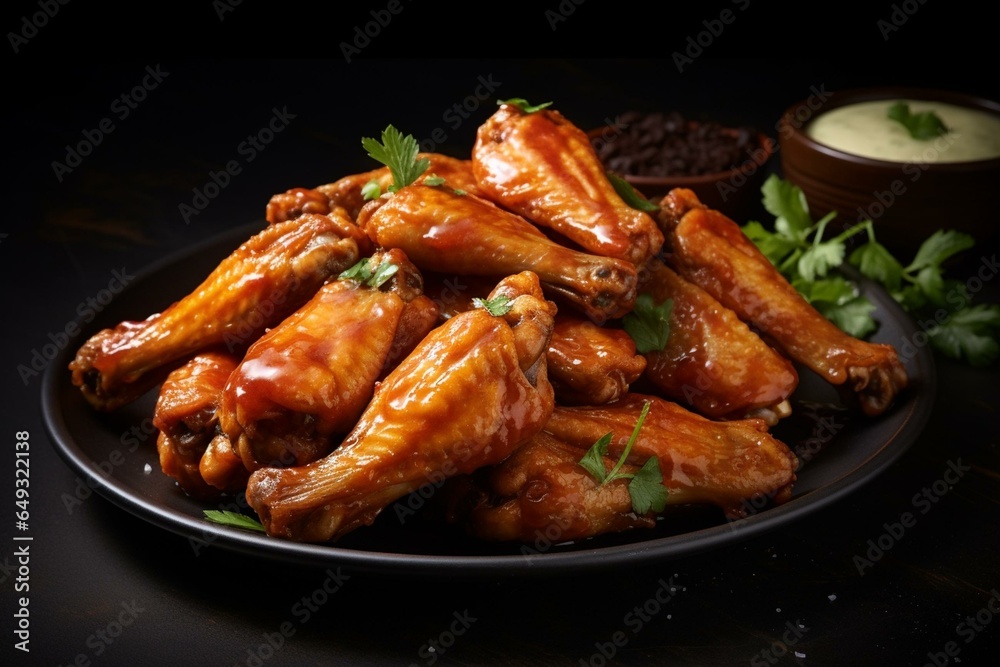 Savory chicken wings coated in zesty sauce on a simple backdrop. Generative AI