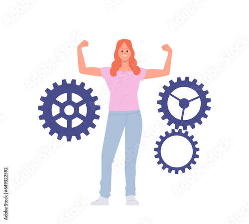 Excited woman cartoon character showing arm muscle winner gesture proud of find creative solution
