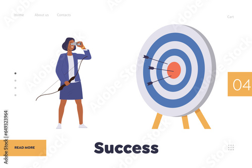 Target to success landing page design template with businesswoman searching for effective strategy
