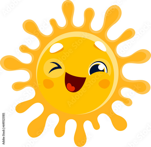 Cartoon funny sun character, winking with eye, smile face or emoji emoticon vector icon. Happy cute sun smiling for morning and winking with yellow shine rays, baby or kids comic sunshine emoji