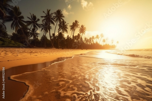 sea sky island sun ocean sunset sunrise palm beach landscape. Generative AI.