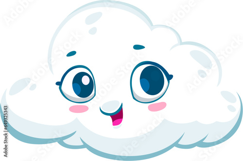 Cartoon cute white cloud weather character. Isolated vector whimsical fluffy cloud personage with funny face expression of lightheartedness and playfulness. Good mood emotions or weather forecast