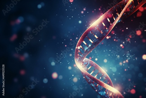 Glowing DNA helix amidst blue and red particles on dark blue background. Genetics, science, medicine, biotech concept. Toned 3D rendering with copy space. Generative AI © Aurelian