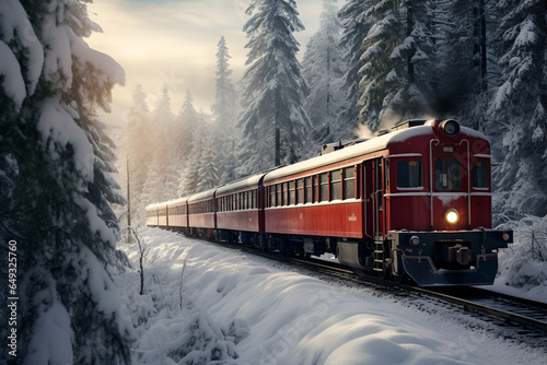 Winter postcard. Retro train goes through winter forest © vladdeep