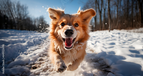Cute portrait of a dog running down the street and jumping. Pets concept. AI generated © yavyav