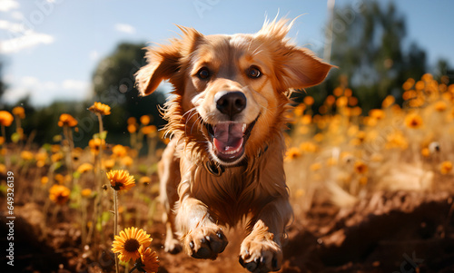 Cute portrait of a dog running down the street and jumping. Pets concept. AI generated
