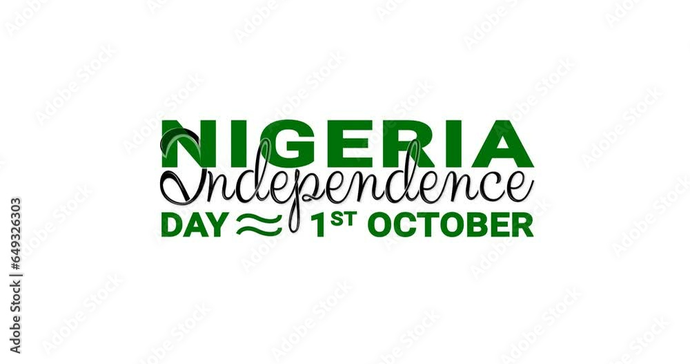 Nigeria Independence Day lettering text animation on the white screen alpha channel. Handwritten text. Great for celebrations, festivals, and events. Transparent background, easy to put into any video Nigeria Independence Day lettering text animation on the white screen alpha channel. Handwritten text. Great for celebrations, festivals, and events. Transparent background, easy to put into any video