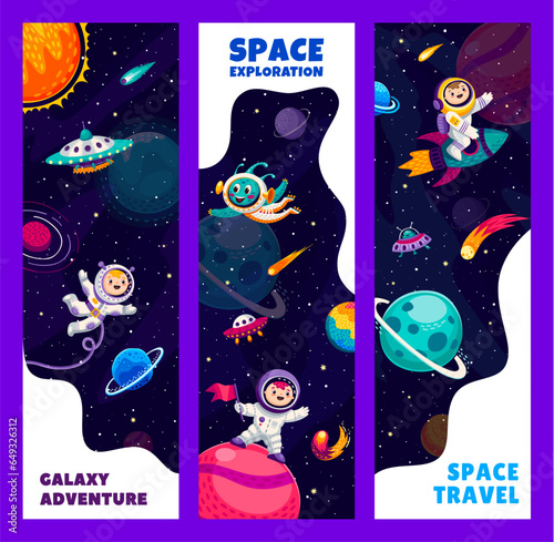 Galaxy adventure and space travel banners with cartoon astronauts in outer space, vector background. Space exploration and galaxy spaceflight with kid spaceman on spaceship to starry galactic sky