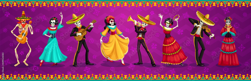 Mexican Day of Dead or Dia De Los Muertos characters, Mariachi musicians, Catrina and skeletons, vector banner. Mexican holiday Dia de Los Muertos fiesta music band in sombrero with guitars, trumpets Mexican Day of Dead or Dia De Los Muertos characters, Mariachi musicians, Catrina and skeletons, vector banner. Mexican holiday Dia de Los Muertos fiesta music band in sombrero with guitars, trumpets