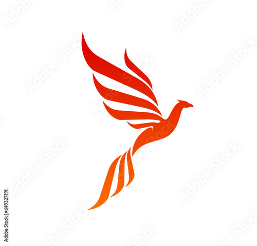 Phoenix, magic fire bird icon. Fantasy phoenix, magical animal or fairy bird vector emblem. Infinity, freedom spirit symbol or tattoo, business company sign with red flaming firebird