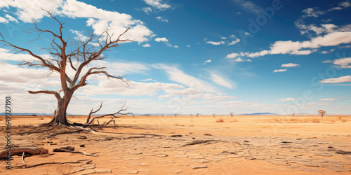 Desert landscape and dead tree with sky. Drought