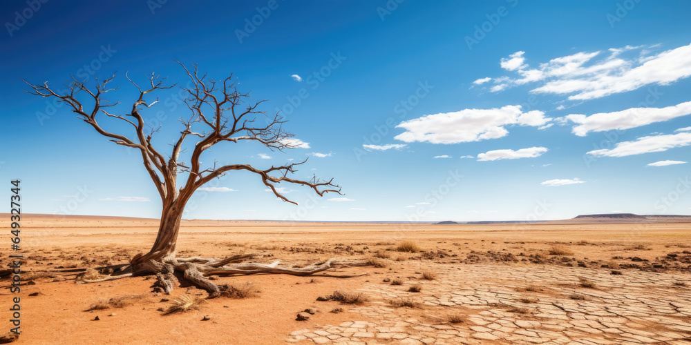 Desert landscape and dead tree with sky. Drought