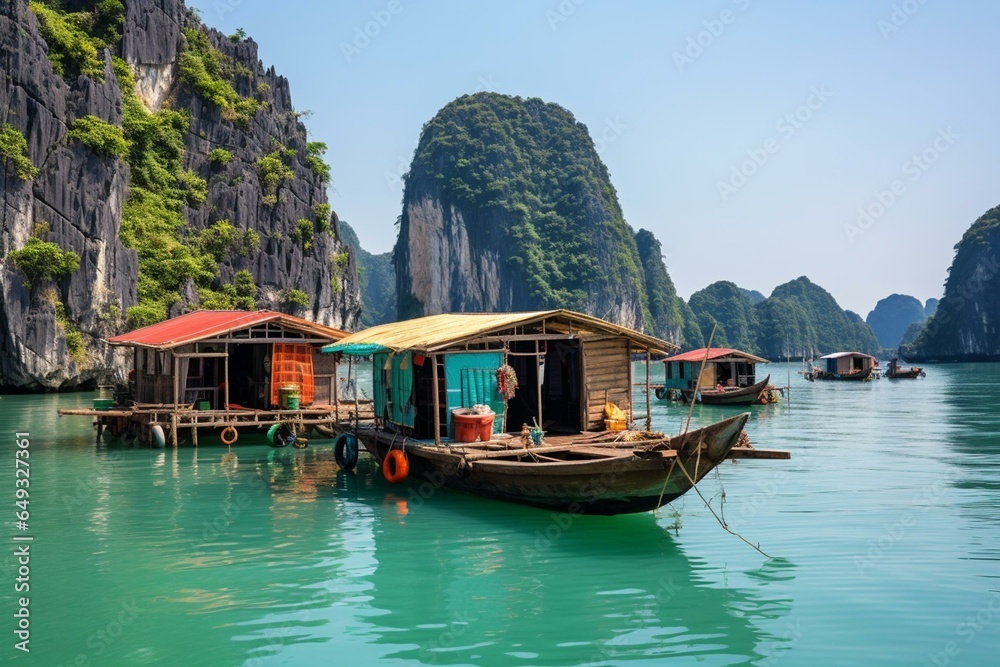 Halong Bay, Vietnam: floating village, rock island, UNESCO site, junk boat cruise, popular landmark. Generative AI