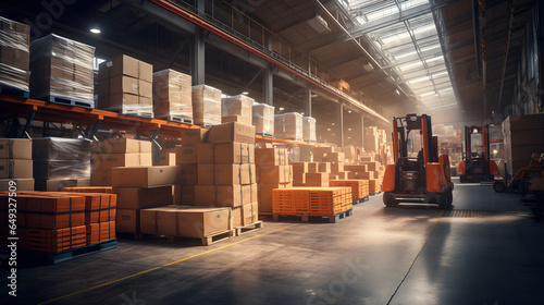 Retail Warehouse full of shelves with goods in cardboard boxes, move inventory with pallet trucks and forklifts. Product distribution logistics center.