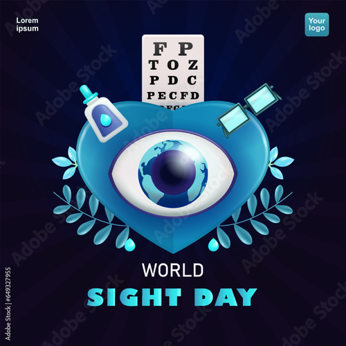 World Sight Day. Earth-shaped human eyes, eye drops, eye tests and glasses with a heart background. 3d vector, suitable for events and design elements