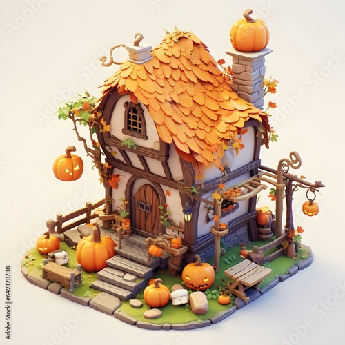 House with Halloween decorations, Pumpkin wooden house pixel art Isometric 3D.