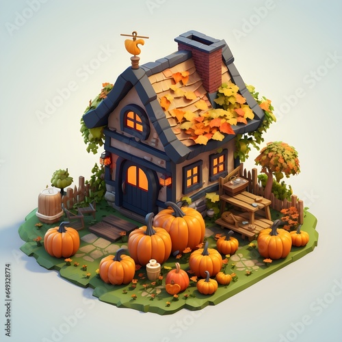 House with Halloween decorations, Pumpkin wooden house pixel art Isometric 3D.