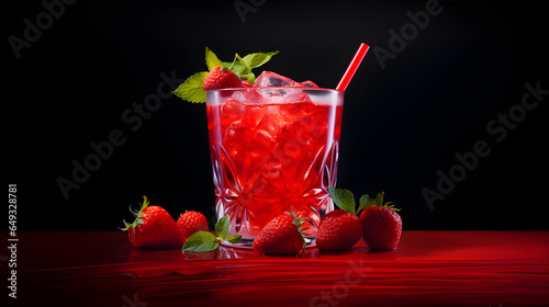 Fresh strawberry drink on dark background. Glass of fresh summer cocktail with strawberry and ice, soda drink.