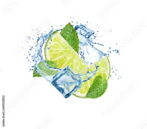 Realistic mojito drink splash with lime, ice cubes and mint leaves, isolated vector background. Mojito drink or lemonade soda beverage water splash explosion with lime and mint leaf in pour flow