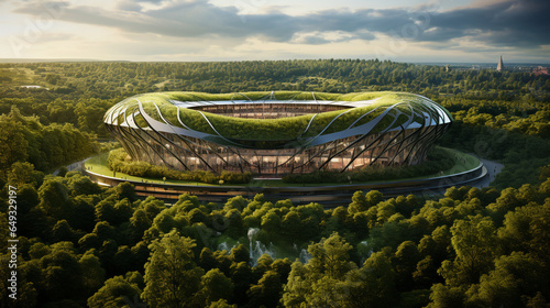 From the heavens, a modern soccer arena emerges, a coliseum of sport and spectacle. Surrounding it, a verdant tapestry of trees and parklan.