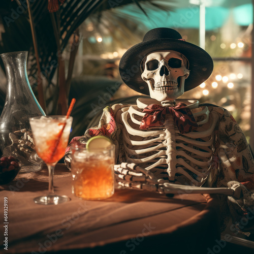 A skeleton capatain at a halloween party at a tropical island that has great drinks, halloween themed food, and live entertainment, wine bottle. Halloween, witch, woman, pumpkin, cat, holiday, magic. photo