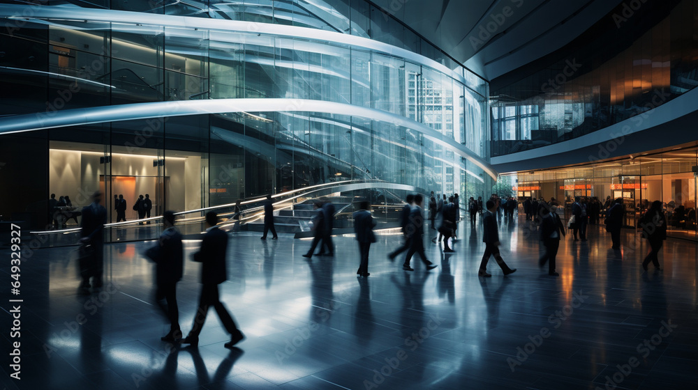 From above, a long exposure captures the pulse of a modern office lobby. Businesspeople blur into streaks of motion, embodying the essence of rapid movement. 