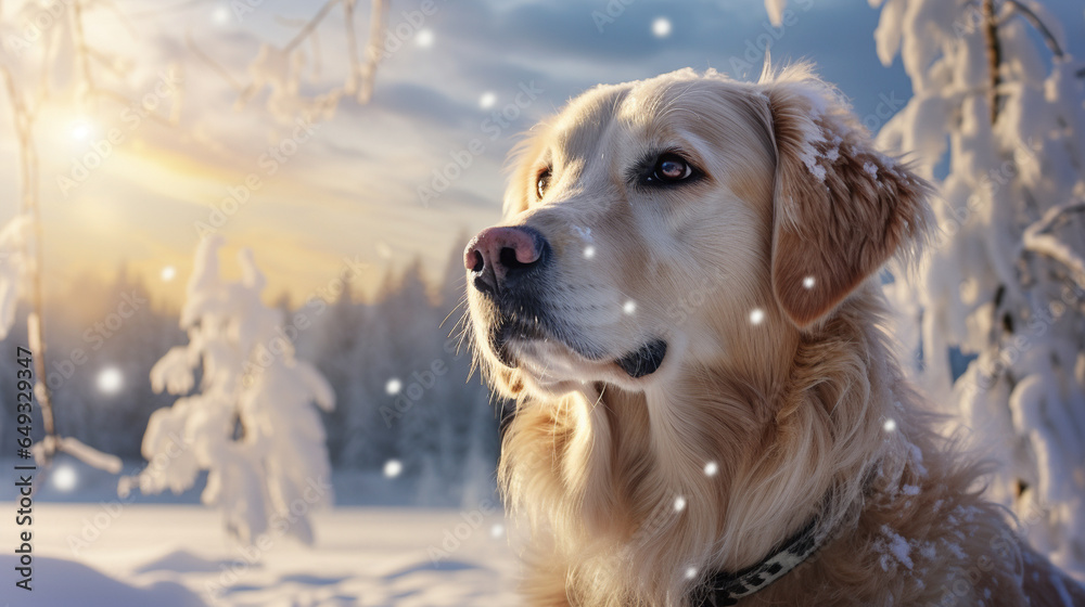 Beneath a snowy New Year's sky, a spirited dog playfully explores the winter wonderland, adorned with delightful gifts. The scene exudes a joyful air as the pup revels in the magic
