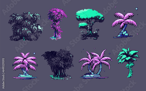 Pixel art video game asset with palm trees. Retro 8-bit style vector elements for icon, logotype or print design.