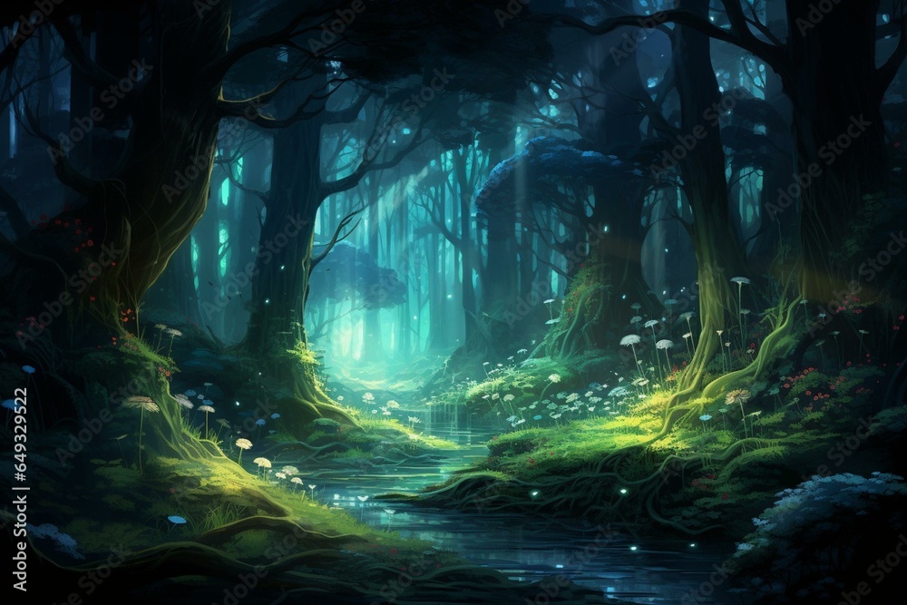 Nocturnal anime woodland with glowing lights. Generative AI