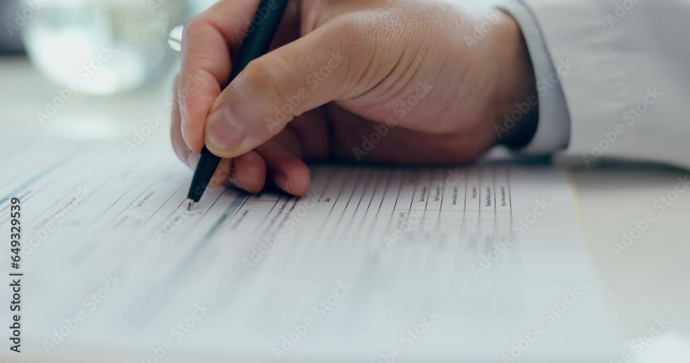 Hands, health insurance documents and doctor writing on table, paperwork and administration of claim, policy and form. Closeup, pen and medical history for test report, information and referral notes