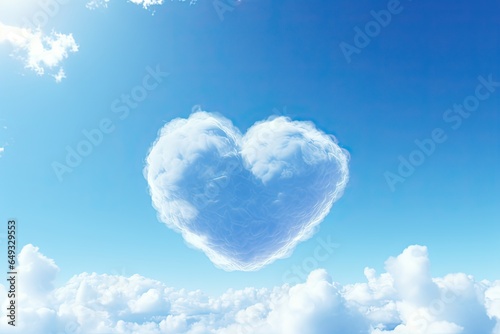 Heart shaped cloud formation in a clear blue sky, capture the whimsical beauty of love in the sky. Generative AI