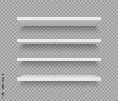 White shop product shelves isolated 3d vector mockup. Realistic blank empty store showcase display, metal or plastic supermarket retail shelf. Bookcase store shopping merchandise market racks shelving