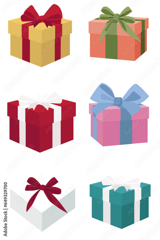 Vector set of paper gift boxes with different color ribbons and cardboard. Flat style gift boxes, isolated on background. Transparent background Vector set of paper gift boxes with different color ribbons and cardboard. Flat style gift boxes, isolated on background. Transparent background