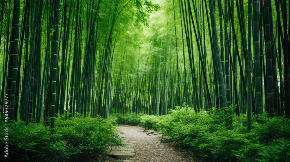 Obraz premium Lush greens and strong vertical lines of trees in a bamboo grove.