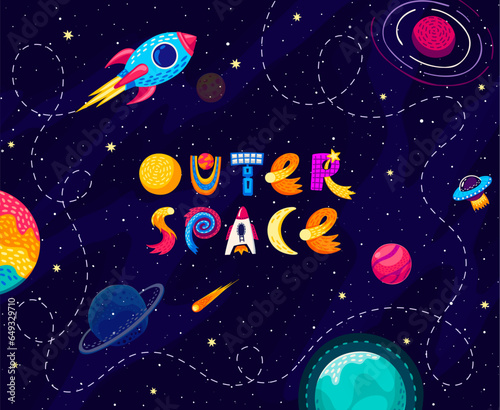 Cartoon kids space background, rocket with trace and starry galaxy, vector poster. Outer space landscape with spaceship and planets in sky for kids space adventure and planetary galaxy discovery