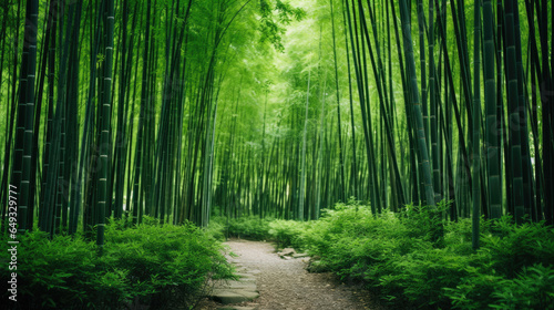 Lush greens and strong vertical lines of trees in a bamboo grove. © Sasint