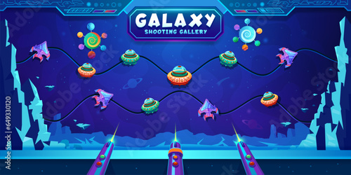 Galaxy ufo and starships hunting, carnival shoot game, shooting range. Vector funfair amusement entertainment with futuristic twist, aim at targets set in space, test your accuracy and win prizes