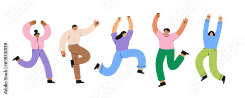 Happy jumping diverse people. Success, teamwork and friendship concept. Flat vector illustration.