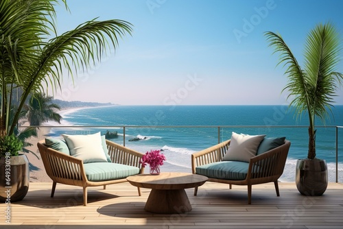 Beautiful coastal view with a palm tree, representing a relaxing getaway. Generative AI © Oberon