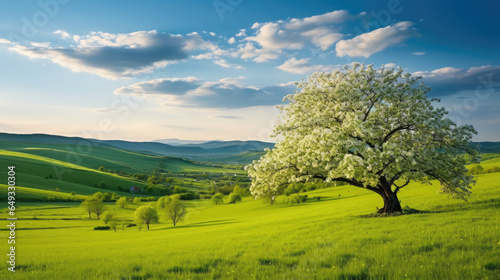 Moravian green rolling landscape with blooming apple-tree. Landscape with white spring flowering trees on green hill  which is highlighted by the setting sun. Natural seasonal landscape. 